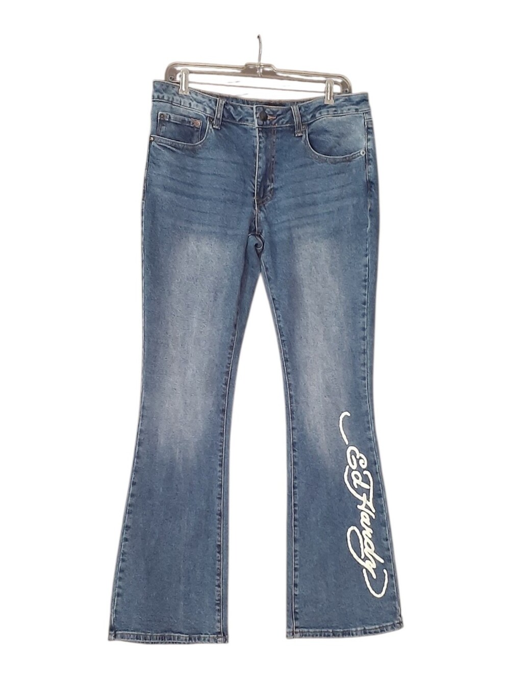 Ed Hardy Size L Blue Flare Jeans with White Script. Blue Birds